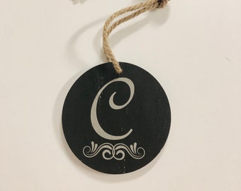Black Slate Christmas Tree Ornament with initial design