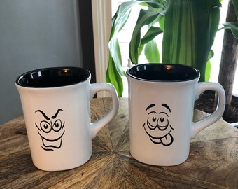 Set of (2) two - 10oz Ceramic Coffee/Tea Cups laser engraved with emoji faces - great gift