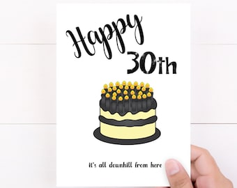 Tarjeta de cumpleaños número 30 divertida, De aquí en adelante todo irá cuesta abajo, Tarjetas de cumpleaños sarcásticas