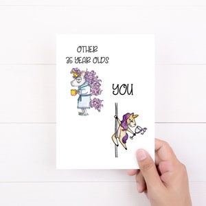 35th Birthday Card, Funny Thirty-fifth Birthday Card, Womens 35th, Aging Humor Gift idea, Other 35Year Olds Unicorn Dancer Card