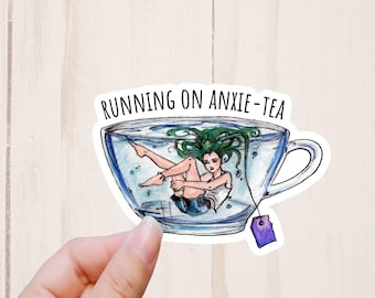 Anxietea Sticker, Tea Stickers, Running On Anxiety, Water Resistant Computer Stickers