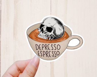 Depresso Espresso Sticker, Coffee Sticker, Skull Coffee Cup Sticker, Trippy Sticker, Laptop Decals