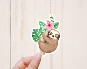 Cute Sloth Sticker, Sloth Gifts, Laptop Stickers, Tropical Flower Sticker