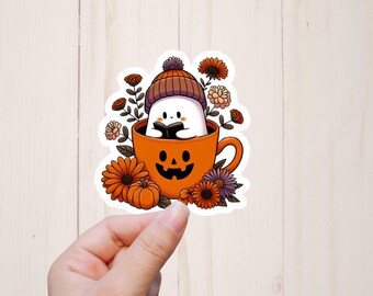Halloween Sticker, Cozy Ghost Reading, Cute Ghost Autumn Sticker