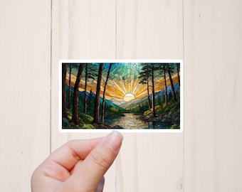 Stained Glass Effect Mountain Scene Sticker, Aesthetic Decorative Laptop Stickers