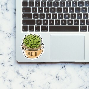 May include: A green succulent plant in a brown pot with the text "SUCC IT" on a laptop.
