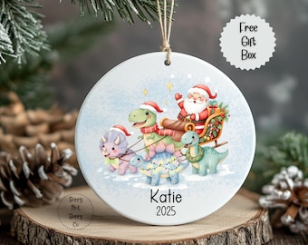 Personalized Kids Christmas Ornament, 2025 Name Ornament, Child's Santa and Dinosaurs Ornament