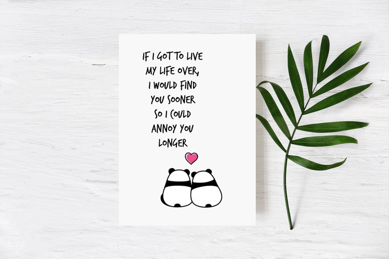 Op de afbeelding: Een witte kaart met de tekst "IF I GOT TO LIVE MY LIFE OVER, I WOULD FIND YOU SOONER SO I COULD ANNOY YOU LONGER." Twee panda-illustraties en een roze hart staan onderaan. Een groen blad staat rechts.