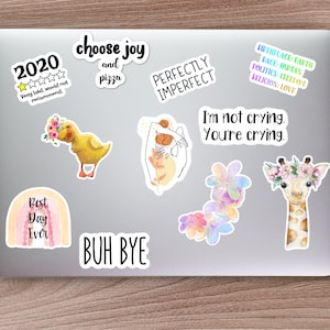 May include: A selection of stickers on a laptop. The stickers display diverse designs, including a duck with flowers, a giraffe with a floral crown, and text such as "Perfectly Imperfect" and "Best Day Ever."