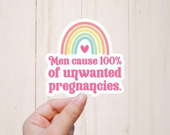 May include: A sticker with a rainbow and a pink heart. The text on the sticker reads "Men cause 100% of unwanted pregnancies."