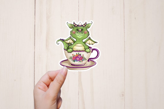 Dragon Tea Sticker, Teacup Dragon, Fantasy Stickers, Cute Water Resistant Computer Stickers