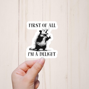 Possum Sticker, First Of All, I&#39;m A Delight, Retro Funny Possum, Unhinged, Meme Stickers