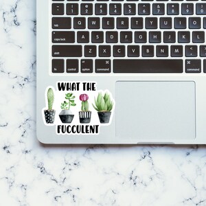 May include: A laptop computer with a sticker on the trackpad that says "What the Fuccolent" with a row of five potted succulents in watercolor style.
