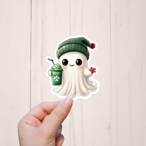 Cute St. Patrick's Day Ghost With Coffee Sticker, Irish Holiday, Ghost Journaling