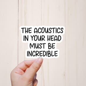 Może przedstawiać: Biała naklejka wycinana po obrysie z czarną obwódką i czarnym napisem: THE ACOUSTICS IN YOUR HEAD MUST BE INCREDIBLE. Naklejka ma gładkie, matowe wykończenie i pogrubioną czcionkę bezszeryfową.