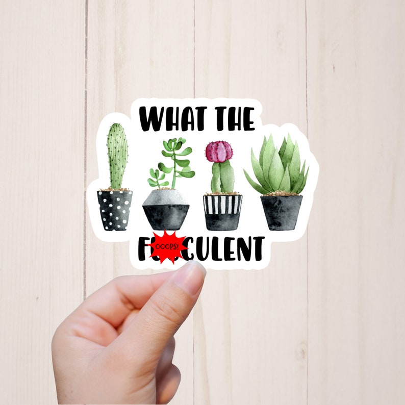 May include: A sticker with a humorous saying, "What the F*culent", featuring a typo with a red "oops" sticker over the typo. The sticker features five potted succulents in black and white pots with a white background.