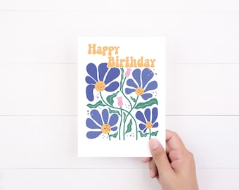 Tarjeta de cumpleaños con flores retro y estilo moderno, tarjeta de cumpleaños floral sencilla
