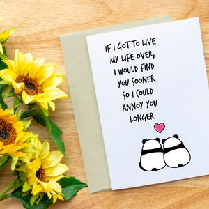 Op de afbeelding: Een wenskaart met de tekst "IF I GOT TO LIVE MY LIFE OVER, I WOULD FIND YOU SOONER SO I COULD ANNOY YOU LONGER" en twee panda-illustraties. De kaart wordt gecombineerd met een beige envelop en zonnebloemen.
