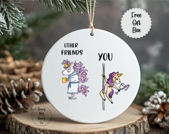 Idea para intercambiar adornos entre amigos, divertido adorno de unicornio, decoración navideña de unicornio bailando en barra, regalo de broma para mejor amigo