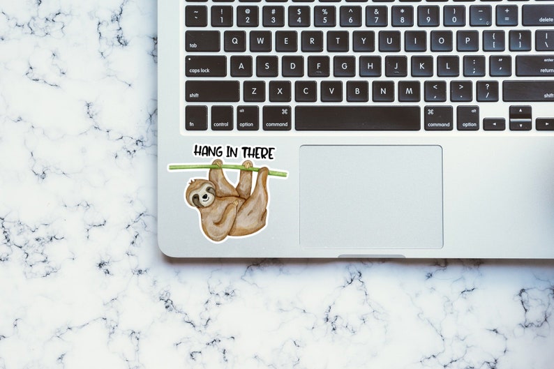 May include: A laptop computer with a sticker of a sloth hanging from a branch with the text "HANG IN THERE".