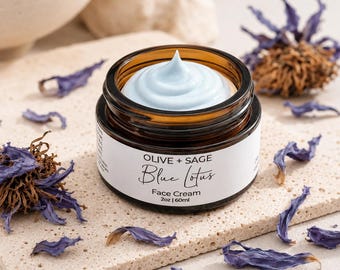 Blue Lotus Gesichtscreme für trockene, empfindliche Haut | Wasserfreie botanische Feuchtigkeitscreme mit Mangobutter, blauem Rainfarn & Squalan