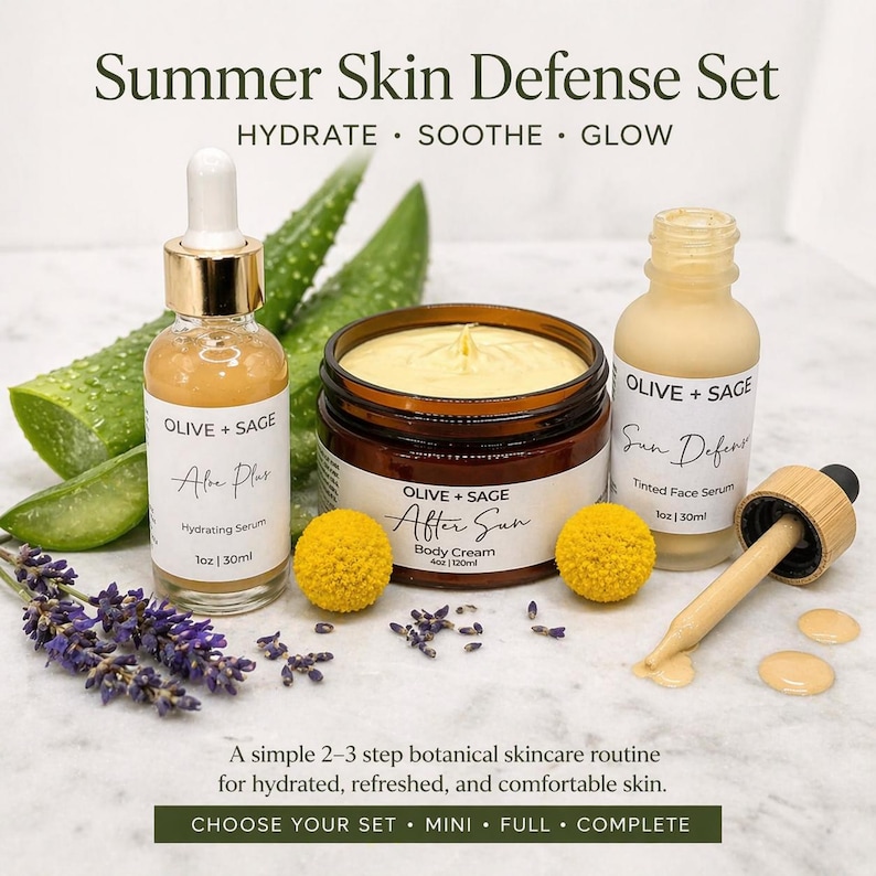 natural summer skincare set with zinc face oil aloe vera serum and after sun cream