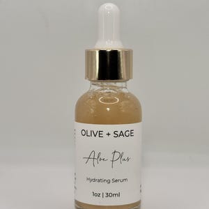 Olive + Sage Aloe Plus hydrating serum bottle, natural skincare product for daily hydration and glow