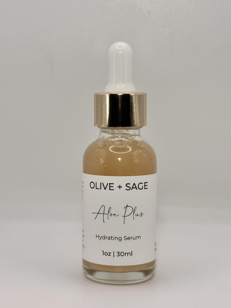 Olive + Sage Aloe Plus hydrating serum bottle, natural skincare product for daily hydration and glow