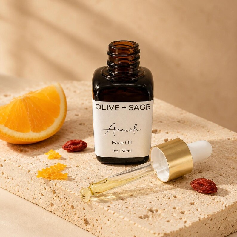 Close-up of vitamin C face oil dropper with serum, orange and superfruit oils for hydrating skincare