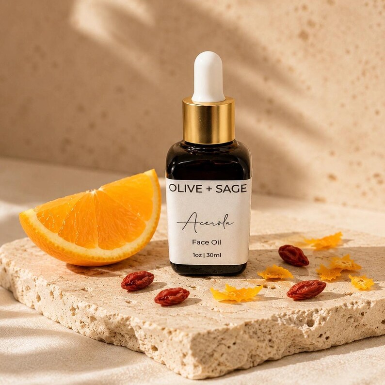 Organic vitamin C face oil bottle with dropper, citrus and botanical oils for radiant skin glow