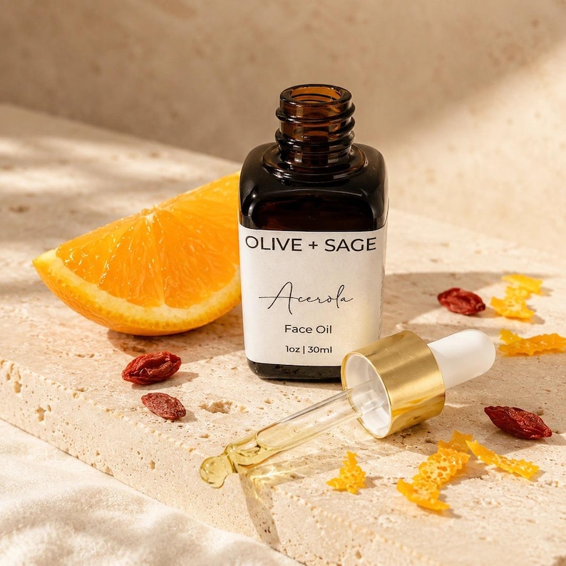 Vitamin C face oil with dropper, orange slice and superfruit ingredients, natural glowing skincare serum