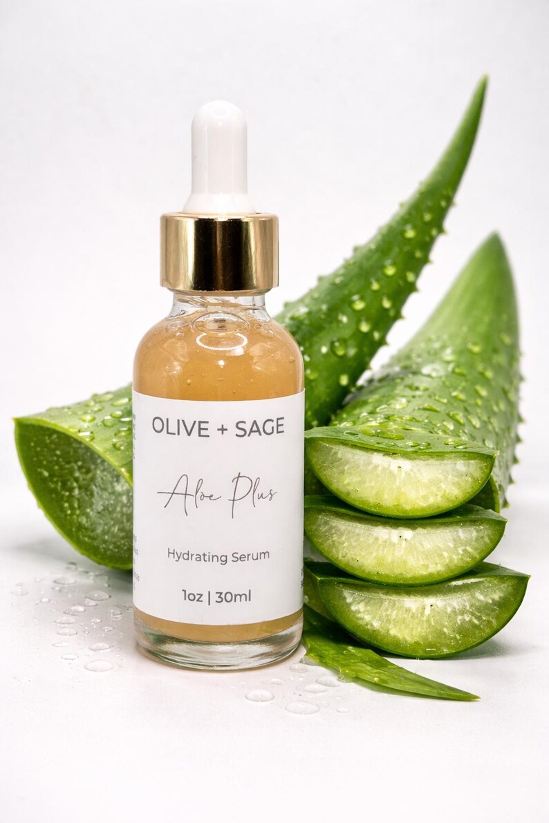 Organic aloe vera hydrating serum by Olive + Sage with fresh sliced aloe leaves, natural face serum for hydration and glowing skin