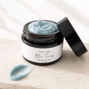 Blue tansy face cream texture with glass jar, waterless botanical moisturizer for dry sensitive skin