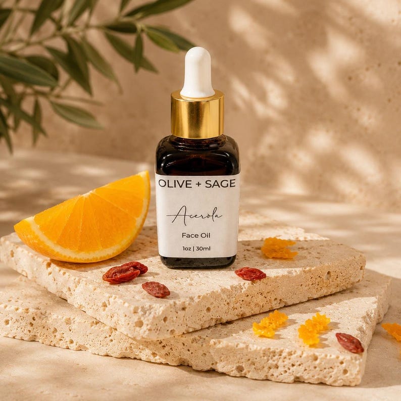 Acerola vitamin C face oil bottle with citrus and berry ingredients, lightweight facial serum for glow