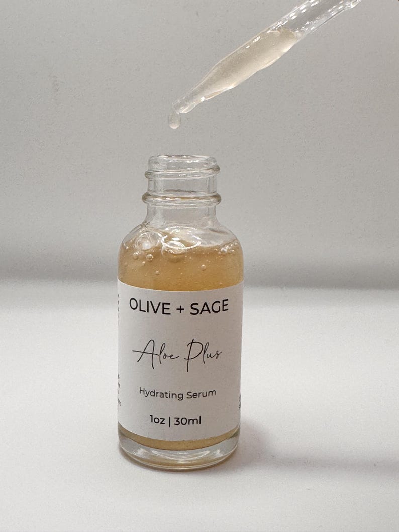 Hydrating face serum dropper application showing lightweight aloe-based botanical serum texture for smooth, nourished skin