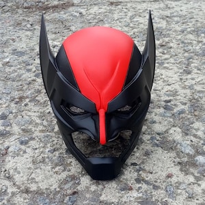 Wolverine-Inspired Cosplay Helmet – Matte Red & Black Battle Cowl, Wearable 2-Piece Superhero Mask for Comic Con, Display, Gift