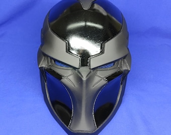 Black Noir / Red Hood-Inspired Helmet | Matte + Gloss Finish | Blue LED Eyes | Magnetic Back Panel | Cosplay Mask for Halloween & Display