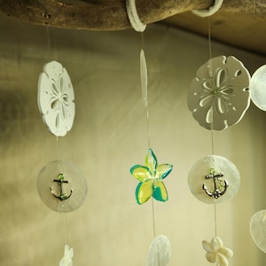 May include: A coastal-themed mobile featuring white sand dollar and shell-shaped ornaments, along with a starfish and other decorative elements. The ornaments are suspended from a natural driftwood branch, creating a serene, beachy aesthetic.