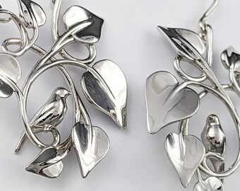 Earrings: Dove Embraced | Silver Vines with Heart Leaves Embracing a Dove Necklace