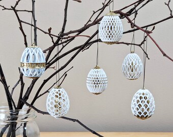 Easter Egg Ornaments – White and Gold (Set of 6), Egg Tree Ornaments, Spring Decorations.