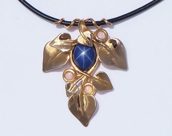North Star Through the Leaves | Star Gazing at Night Through Golden Leaves with Opals and Blue Star Sapphires Pendant