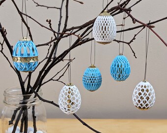 Easter Egg Ornaments – Mixed Color: Light Blue, White (set of 6 - 3 of each color), Egg Tree Ornaments, Spring Decorations.
