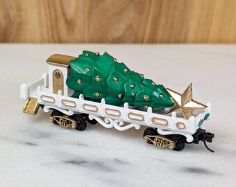 Tree Transport N-scale Train Car (white), Rolling Stock, North Pole Railway, Christmas Train, Christmas Village. w/ Knuckle Couplers