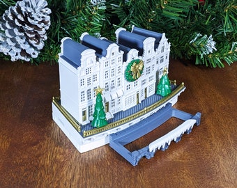 Canal Houses Christmas N-scale Train Scenery, LED Tea Light Building, Christmas Village, Holiday Decor, w/ Christmas Decor Pack.