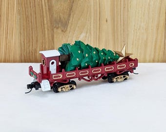Tree Transport N-scale Train Car (red), Rolling Stock, North Pole Railway, Christmas Train, Christmas Village. w/ Knuckle Couplers