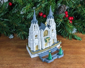 Cathedral Christmas N-scale Train Scenery, St. Patrick's Cathedral, LED Tea Light Building, Christmas Village. w/ Christmas decor pack