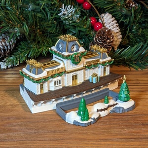 Train Station Christmas N-scale Train Scenery, Train Track Accessories, LED Tea Light Building, Christmas Village, w/ Christmas Decor Pack.