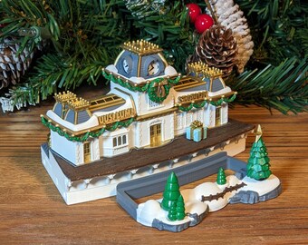 Train Station Christmas N-scale Train Scenery, Train Track Accessories, LED Tea Light Building, Christmas Village, w/ Christmas Decor Pack.