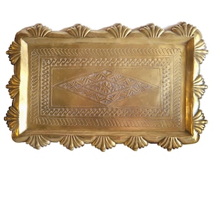 Vintage 17"x11" Hand Engraved Hammered Stamped Rectangular Repousse Brass Tray Platter