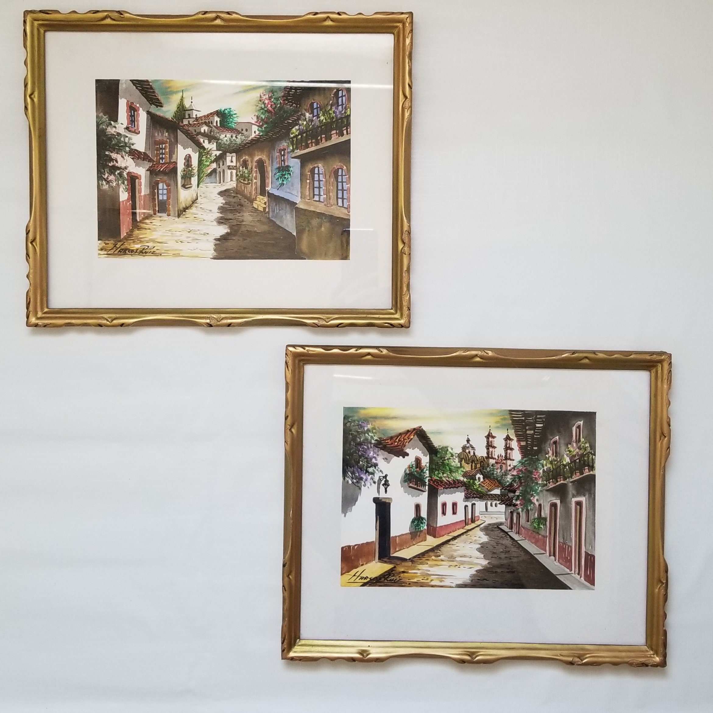 Pair Framed Vintage Pueblo Streets Watercolors Signed Marco Ruiz Mexican Artist